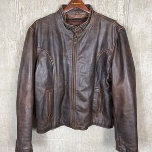 Vintage 80's Distressed Brown Leather Cafe Racer Motorcycle Jacket Mens Large